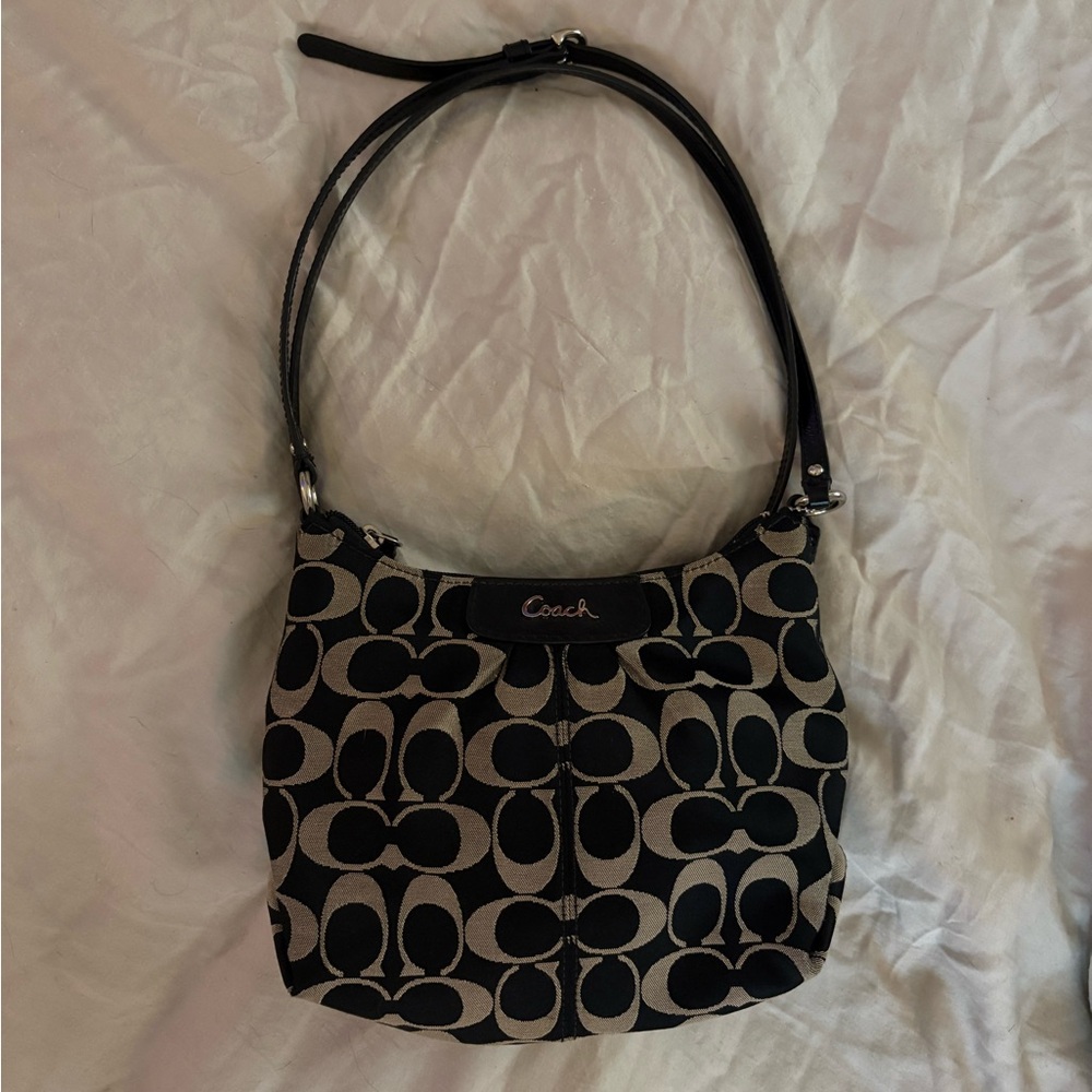 Coach Black and Tan Logo Canvas Shoulder Bag